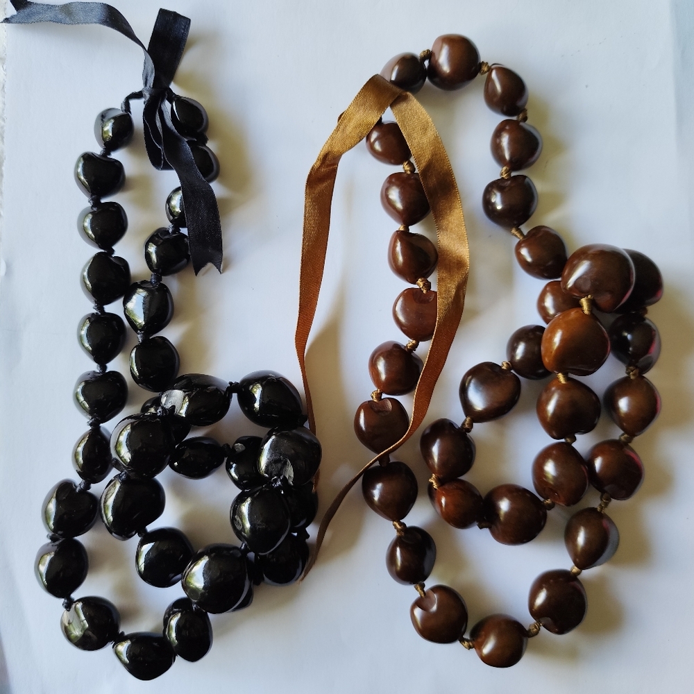 Hawaiian Natural Kukui Nut Adjustable necklace lot of 2 Black and Brown